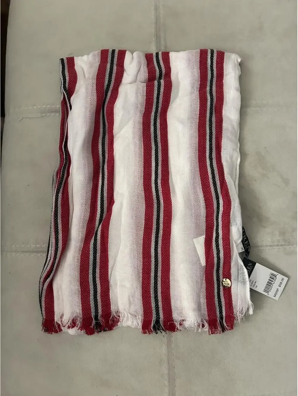 NWT Lauren Ralph Lauren red, white, and black striped fringe scarf